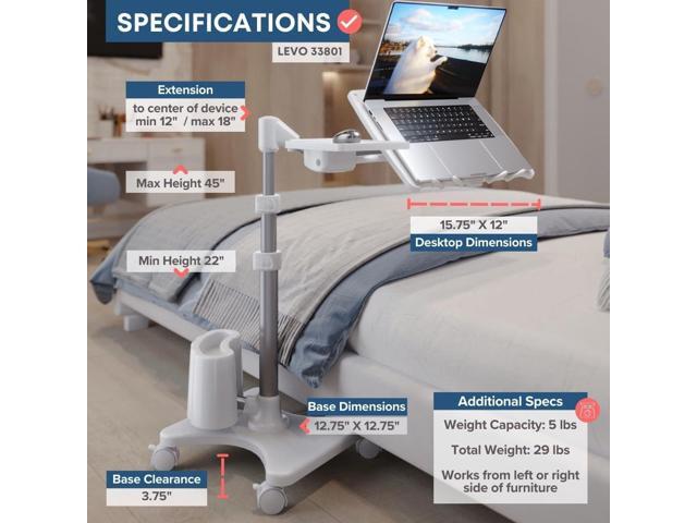 LEVO G2-801 Deluxe Rolling Laptop Stand with Mouse Tray - Silver & White