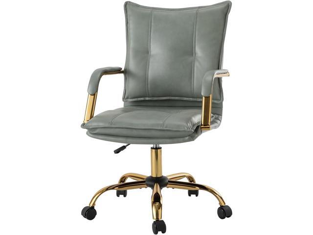 HULALA HOME Faux Leather Home Office Desk Chair, Adjustable Swivel Computer Chair with Golden Legs and Arms, Comfy Upholstered Task Chair, Sage