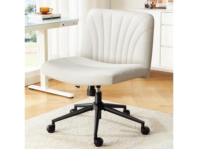 Marsail Criss Cross Chair with Wheels: PU Leather Cross Legged Office Chair Wide Armless Desk Chair Swivel Height Adjustable Vanity Chair for Make.