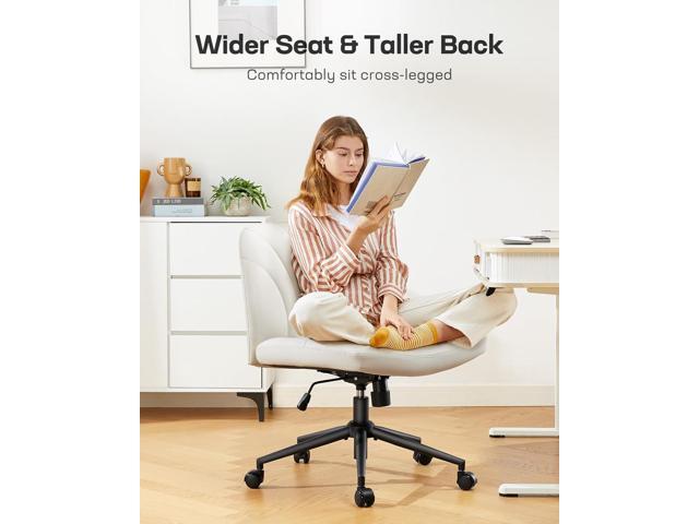 Marsail Criss Cross Chair with Wheels: PU Leather Cross Legged Office Chair Wide Armless Desk Chair Swivel Height Adjustable Vanity Chair for Make...