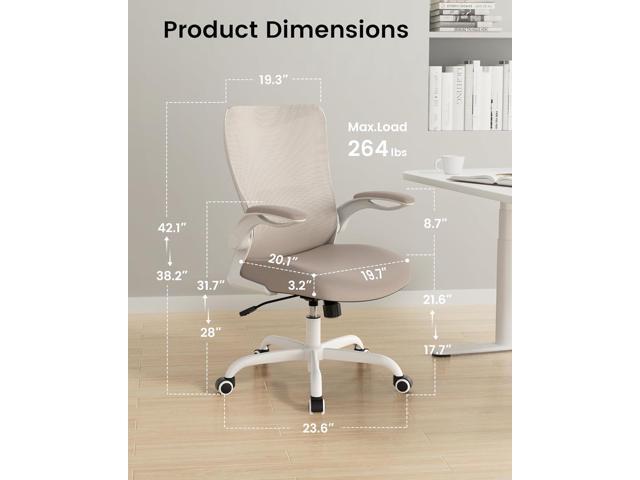 Office Chair, Ergonomic Desk Chair with Adjustable Lumbar Support and Flip up Armrest, Breathable Mesh Computer Chair for Home Office, Khaki