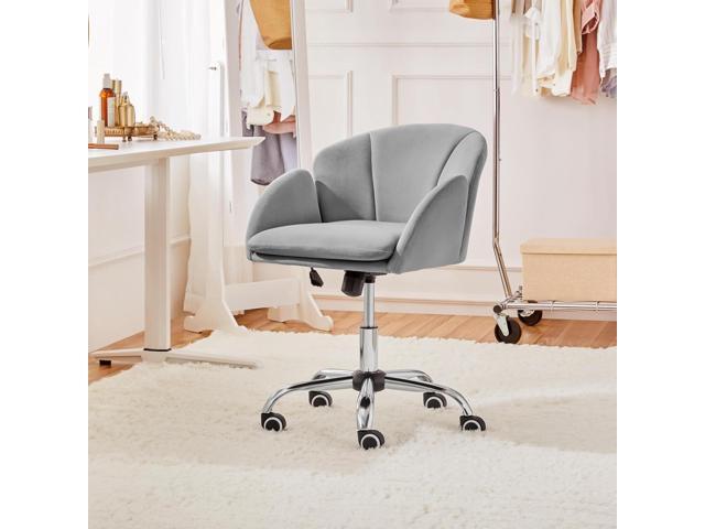 Yaheetech Cute Velvet Desk Chair for Home Office, Makeup Vanity Chair with Armrests for Bedroom Modern Swivel Rolling Chair for Women Light Gray