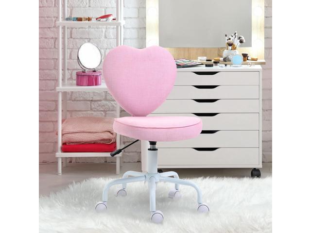HOMCOM Armless Home Office Desk Chair, Modern Fabric Makeup Vanity Chair with Heart Shape, Swivel Wheels, Height Adjustable, Pink