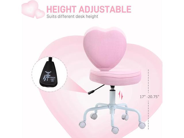 HOMCOM Armless Home Office Desk Chair, Modern Fabric Makeup Vanity Chair with Heart Shape, Swivel Wheels, Height Adjustable, Pink