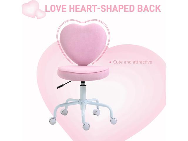 HOMCOM Armless Home Office Desk Chair, Modern Fabric Makeup Vanity Chair with Heart Shape, Swivel Wheels, Height Adjustable, Pink