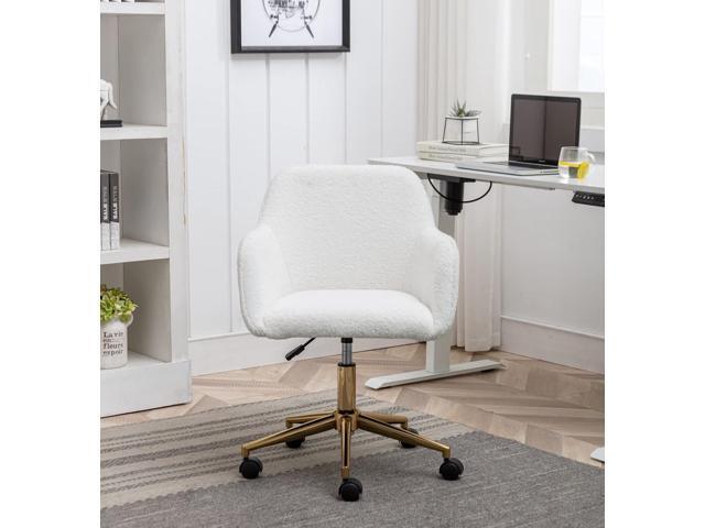 Modern Faux Fur Home Office Chair, Upholstered Elegant Chair Makeup Vanity Chair for Teen Girls Swivel Desk Chair with Gold Base, Height Adjustable...