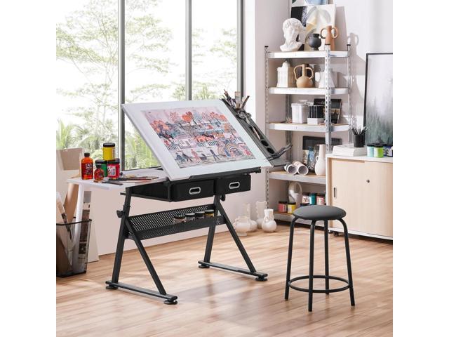Yaheetech Height Adjustable White Art Desk for Adults, Tilting Tabletop Drafting Drawing Table with Extra Large Desktop and Drawers, Foldable Stand...