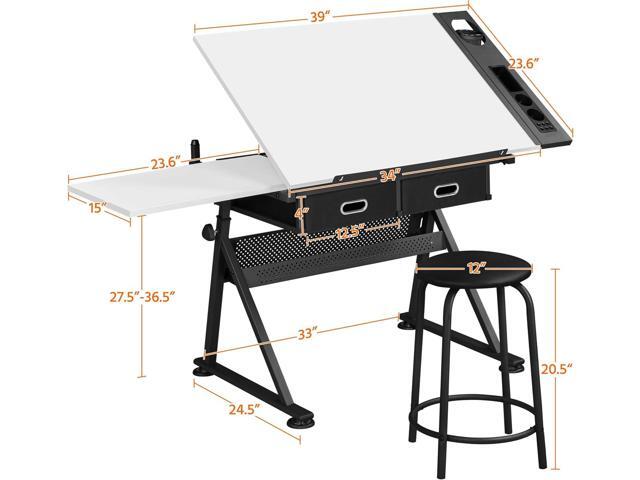 Yaheetech Height Adjustable White Art Desk for Adults, Tilting Tabletop Drafting Drawing Table with Extra Large Desktop and Drawers, Foldable Stand...