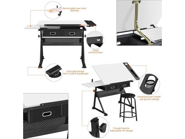 Yaheetech Height Adjustable White Art Desk for Adults, Tilting Tabletop Drafting Drawing Table with Extra Large Desktop and Drawers, Foldable Stand...