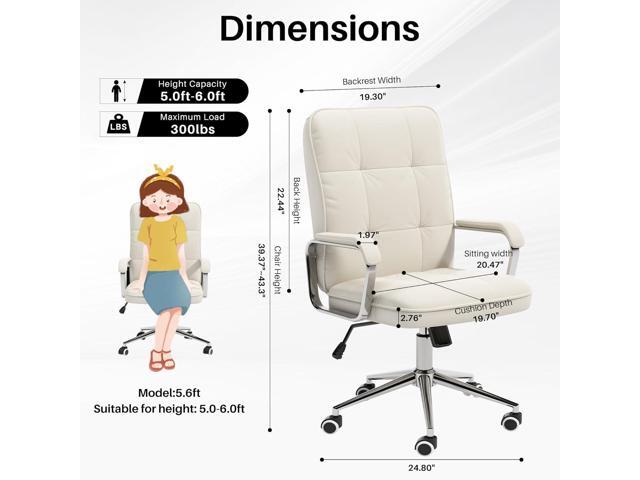 White Office Chair with Soft Leather, Swivel Computer Home Office Desk Chair with Wheels and Padded Arms, Adjustable Height and Tilt