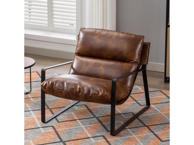 DUOMAY Mid-Century Accent Chair Armchair, Comfy PU Leather Leisure Chair Lazy Chair with Metal Leg for Living Room Bedroom Office Apartment, Brown