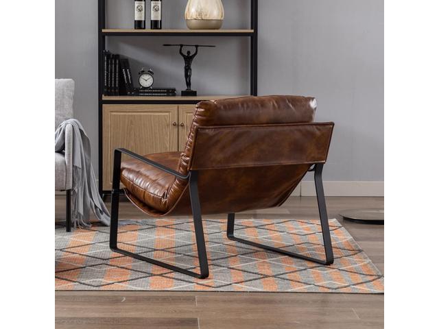 DUOMAY Mid-Century Accent Chair Armchair, Comfy PU Leather Leisure Chair Lazy Chair with Metal Leg for Living Room Bedroom Office Apartment, Brown