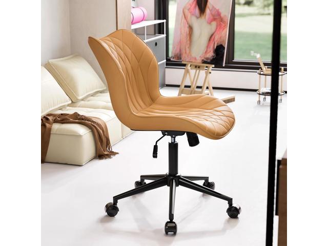 YOUNUOKE Comfortable Office & Home Ergonomic Swivel Chair - Modern Faux Leather Adjustable Armless Task & Makeup Vanity Chair with Wheels (Camel)
