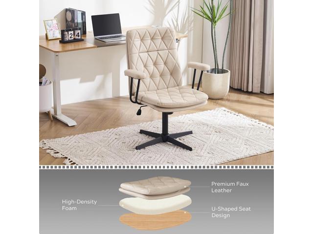 Desk Chair No Wheels with Arms Crossleg Stationary Ergonomic Soft Cushion Home Office Swivel Working Computer Chair Cream White