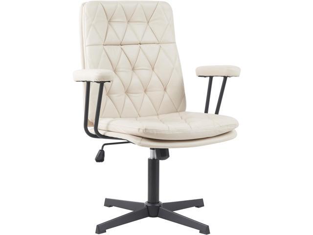 Desk Chair No Wheels with Arms Crossleg Stationary Ergonomic Soft Cushion Home Office Swivel Working Computer Chair Cream White