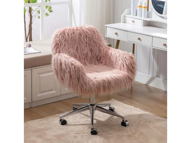 SSLine Faux Fur Vanity Chair Elegant Pink Furry Makeup Desk Chairs for Girls Women Modern Comfy Arm Chair with Wheels in Bedroom Living Room