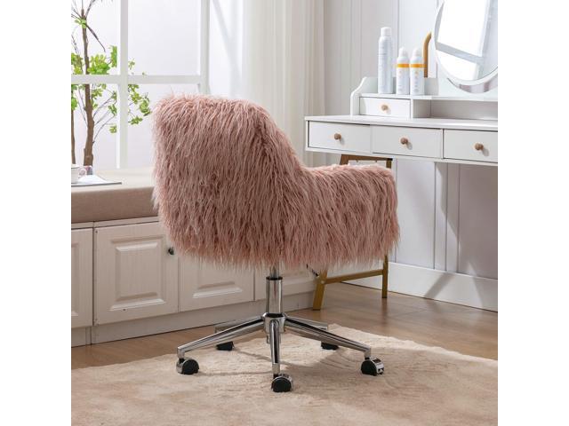 SSLine Faux Fur Vanity Chair Elegant Pink Furry Makeup Desk Chairs for Girls Women Modern Comfy Arm Chair with Wheels in Bedroom Living Room