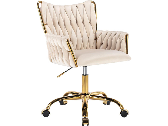 KCC Modern Velvet Home Office Desk Chair with Hand Woven Backrest, Upholstered Adjustable Makeup Vanity Chair with Armrest and Golden Metal Base...