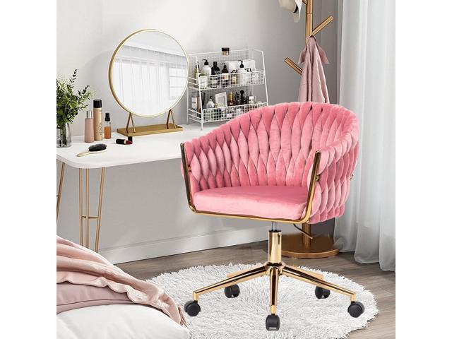 Velvet Office Chair with Hand Woven Back, Pink Vanity Desk Chairs with Golden Wheels, 360° Swivel Home Office Desk Chair Computer Chairs, Accent...