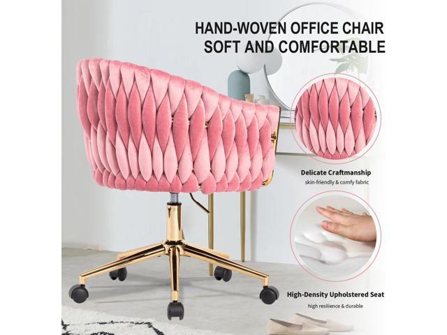 Velvet Office Chair with Hand Woven Back, Pink Vanity Desk Chairs with Golden Wheels, 360° Swivel Home Office Desk Chair Computer Chairs, Accent...