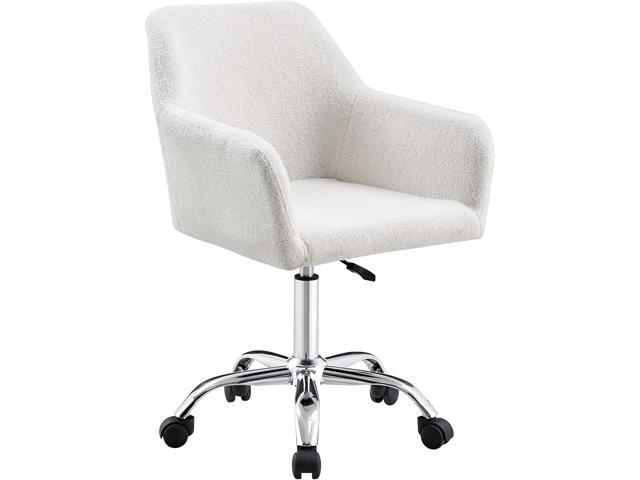 SSLine Faux Fur Vanity Chair Elegant White Furry Makeup Desk Chairs for Girls Women Modern Comfy Arm Chair with Wheels in Bedroom Living...