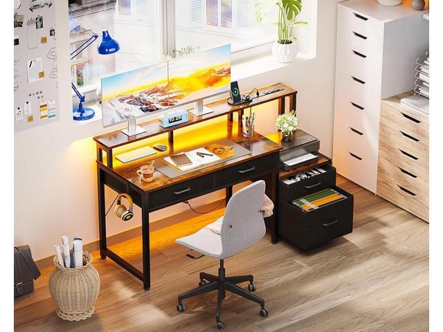 AODK Computer Desk with 4 Drawers, 48 Inch Reversible Desk with Led Lights & Power Outlet, Office Desk with File Drawer & Monitor Stand, Work Table...