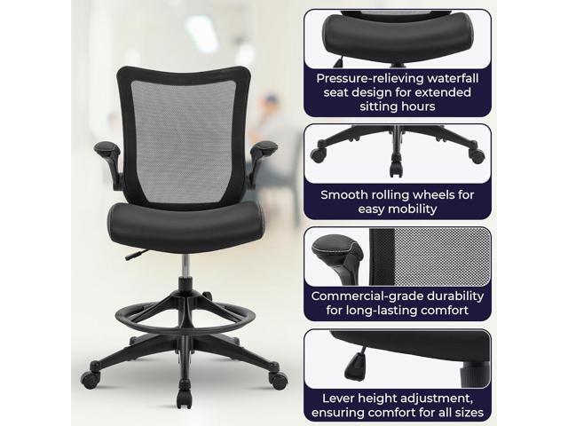 OfficeFactor Drafting Chair Tall Office Chair, 300 lb Capacity Standing Desk Chair, Adjustable & Ergonomic Desk Chair, Flip-Up Armrests, Mesh Back,...
