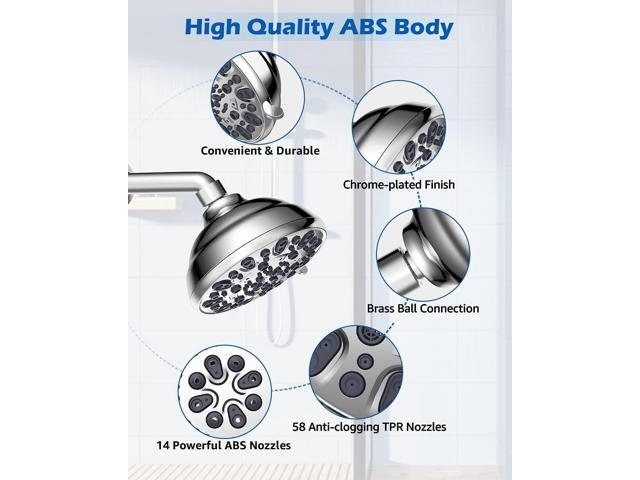 High Pressure Shower Head VMASSTONE 4.7' Rain Fixed Showerhead 7-Spray Setting with Adjustable Brass Swivel Ball Joint - Excellent Replacement for...