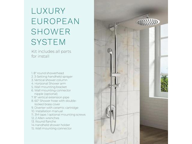 Polaris 3 Retrofit Rain Shower System, 3-Setting Handheld Shower Combo with Slide Bar, 8' Low Profile Shower Head (2.5 GPM Chrome)