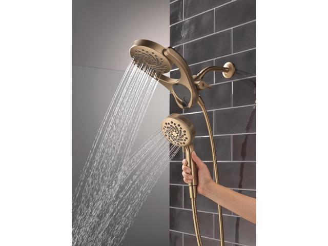 Delta Faucet 5-Setting HydroRain 2-in-1 Dual Shower Head with ProClean Spray, Gold Round Shower Head with Hose, Hand Held Shower Head, Champagne...