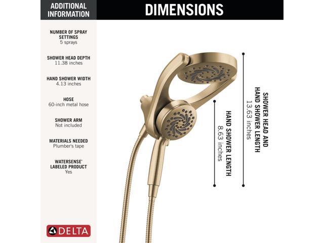 Delta Faucet 5-Setting HydroRain 2-in-1 Dual Shower Head with ProClean Spray, Gold Round Shower Head with Hose, Hand Held Shower Head, Champagne...