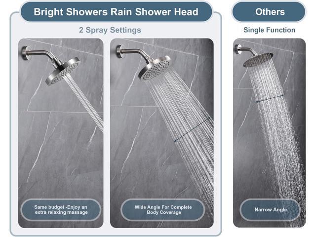 BRIGHT SHOWERS High Pressure Shower Head, 6 Inch Rain Shower Head, 2 Spray Settings Rainfall Shower Heads, Adjustable Angle Replacement Bathroom...
