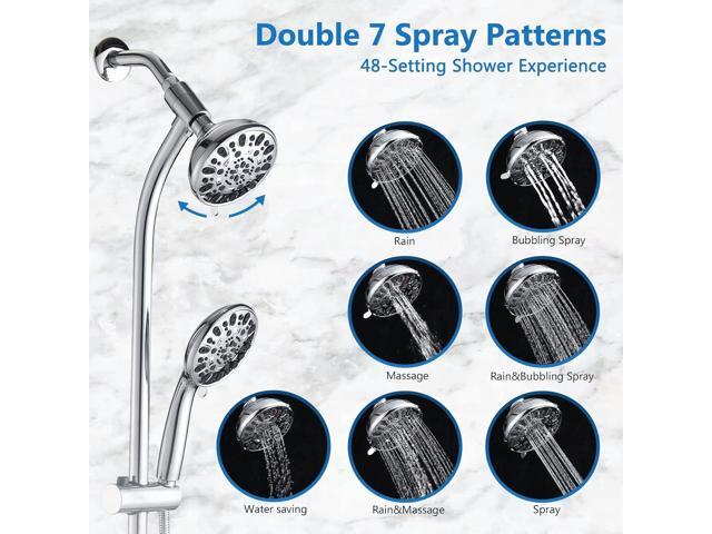 High Pressure 48-Settings Shower Head with Handheld Shower,Drill-Free 3-Way Diverter for Easy Reach,Adjustable Height Slide Bar Dual Shower Head...