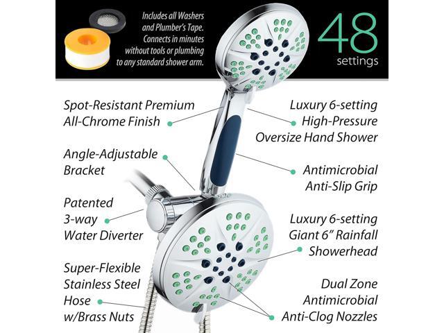 Hotel Spa NOTILUS High Pressure Luxury 3-in-1 Rain Shower Spa Combo, 2-Zone Anti-Clog Nozzles- 6 Settings, 6'', Anti-Slip Grip, Metal Fittings,...