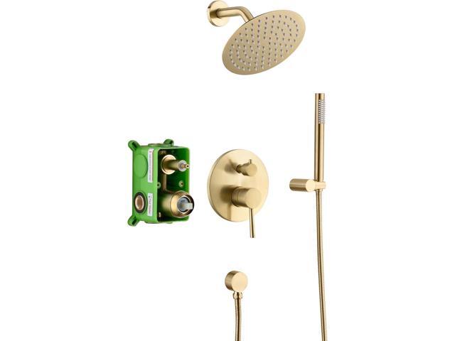 sumerain Brushed Gold Shower Faucet System with high pressure 8 Inches rain shower head and brass hand shower, Rough-In Valve Body and Trim Included