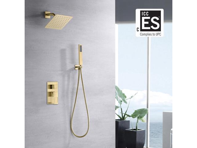 sumerain Rain Shower System Brushed Brass Dual Functions Shower Faucet Complete Set Including 8' Shower Head, Rough-In Valve Body and Trim