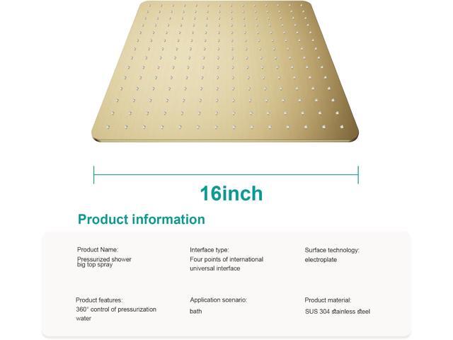 Square Rain Shower Head, High Flow Stainless Steel,Work with any decorative styleAll Metal Rainfall Shower Head (Brushed Gold, 16)