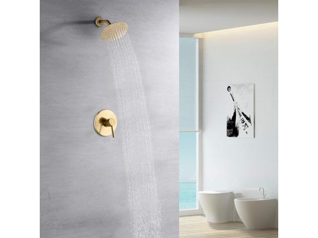 sumerain Brushed Gold Shower Faucet Set with 8 Inches Stainless Steel Rain Shower Head, Solid Brass Rough In Valve