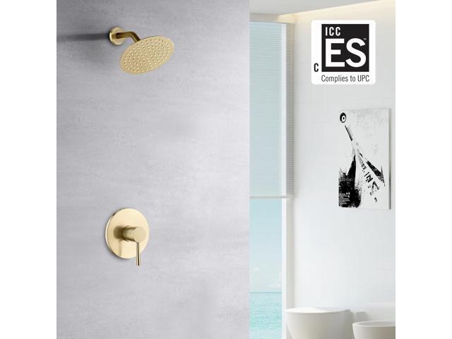 sumerain Brushed Gold Shower Faucet Set with 8 Inches Stainless Steel Rain Shower Head, Solid Brass Rough In Valve