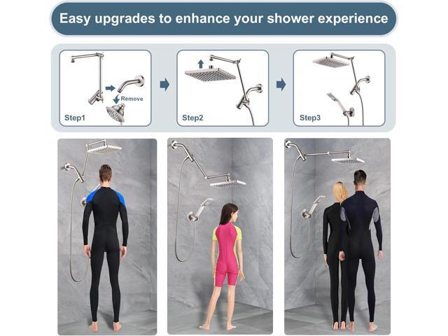 BRIGHT SHOWERS High Pressure Rain Shower Head Combo with Double Extension Arm, 8 Inch Rainfall Shower Head with Handheld Spray, Height Adjustable...