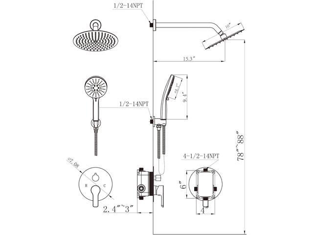 Shower Faucet Set 10IN Brass Rough-In Valve Body Trim Kit Rainfall Included Handle Accessories Complete 2 Functions with Rain Head and Handheld...