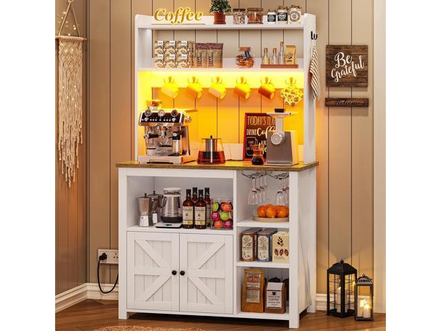 Itaar 35.4 inch Bakers Rack with Power Outlet and Storage, Farmhouse Coffee Bar Cabinet, Microwave Stand Kitchen Cabinet with Hutch, LED Lights,...