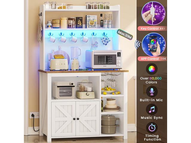 Itaar 35.4 inch Bakers Rack with Power Outlet and Storage, Farmhouse Coffee Bar Cabinet, Microwave Stand Kitchen Cabinet with Hutch, LED Lights,...