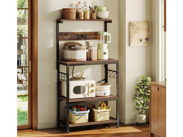SUPERJARE Kitchen Bakers Rack with Power Outlet, Coffee Bar Table 4 Tiers, Kitchen Microwave Stand with 6 S-shaped Hooks, Storage Shelf Rack for...