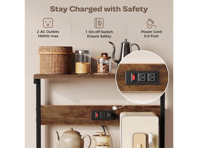 SUPERJARE Kitchen Bakers Rack with Power Outlet, Coffee Bar Table 4 Tiers, Kitchen Microwave Stand with 6 S-shaped Hooks, Storage Shelf Rack for...