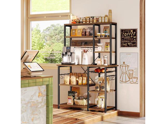 SUPERJARE Large Bakers Rack with Power Outlets, 6-Tier Microwave Stand, Coffee Bar with 12 S-Shaped Hooks, Kitchen Shelf with Wire Basket, 39.3 x...