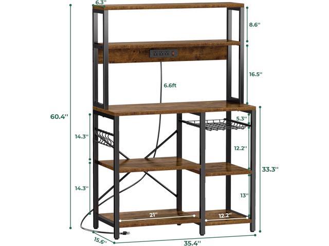 SUPERJARE Bakers Rack with Power Outlet, 35.4 Inches Coffee Bar with Wire Basket, Kitchen Microwave Stand with 6 S-Shaped Hooks, Open Storage...