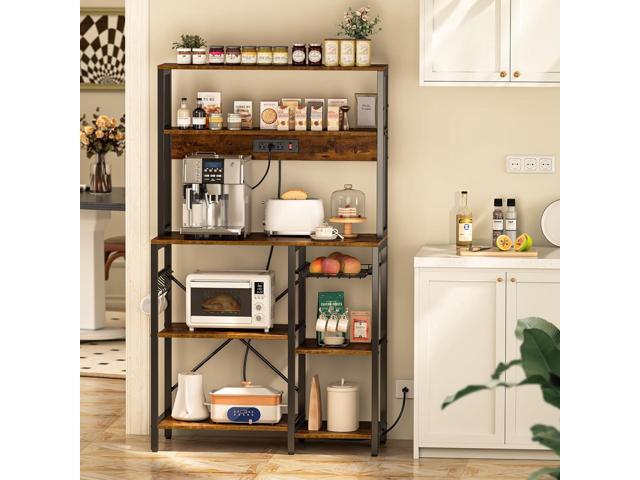 SUPERJARE Bakers Rack with Power Outlet, 35.4 Inches Coffee Bar with Wire Basket, Kitchen Microwave Stand with 6 S-Shaped Hooks, Open Storage...