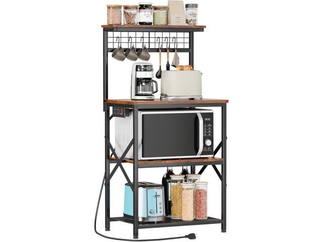 Furologee Kitchen Bakers Rack with Power Outlet, Microwave Oven Stand with Storage 4 Tiers, Coffee Bar Table with 6 S Hooks, Kitchen Storage Shelf...