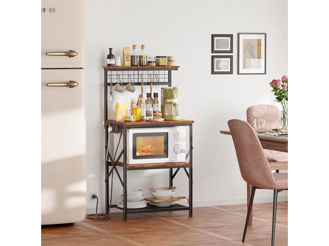 Furologee Kitchen Bakers Rack with Power Outlet, Microwave Oven Stand with Storage 4 Tiers, Coffee Bar Table with 6 S Hooks, Kitchen Storage Shelf...